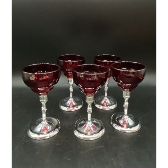 Moondrop Ruby Red Glass Cordial W/ Metal chrome Stem Martinsville Set 5 - Picture 2 of 12